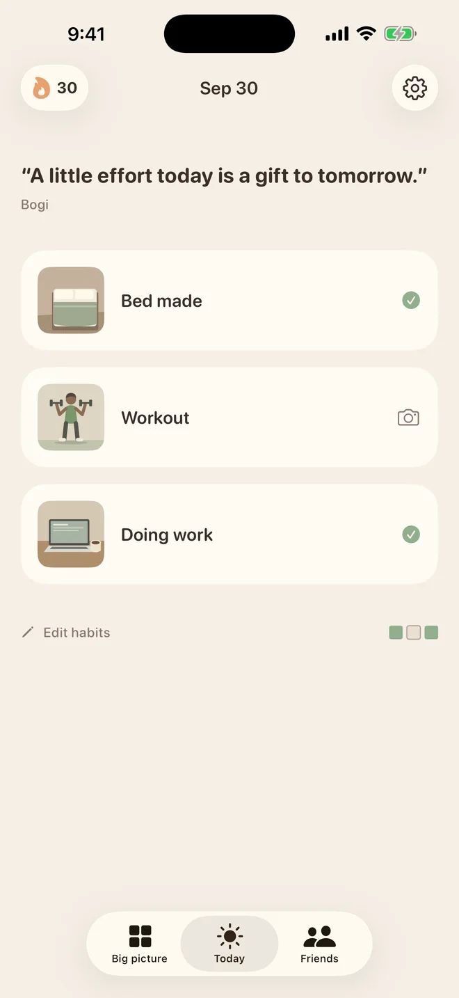 Today in MakeYaBed: Bed made and Doing work complete, Workout still to do, with a showing-up streak