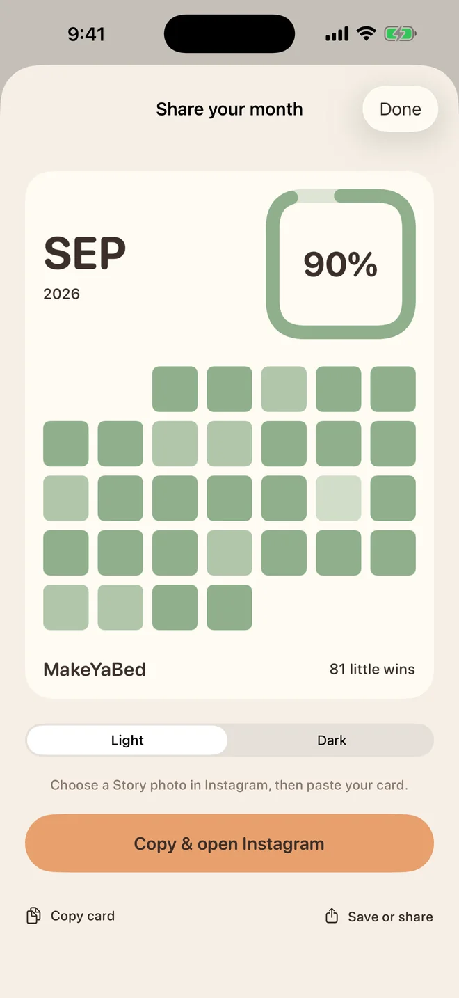 Share your month screen with a solid light progress card and Copy and open Instagram button